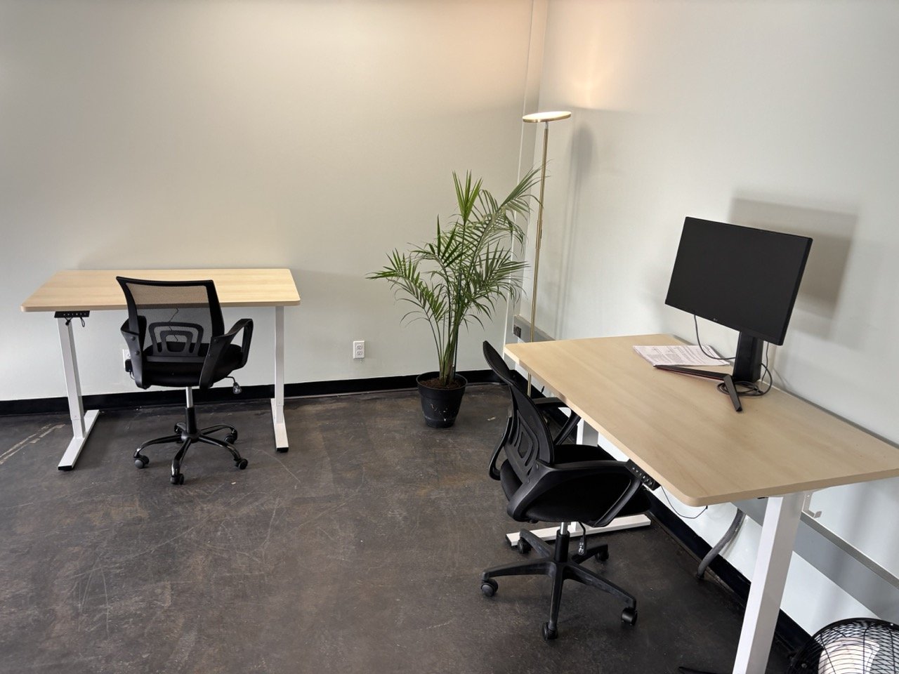 Dedicated sit-stand desks with ergonomic chairs and external monitors at AI Lab Coworking